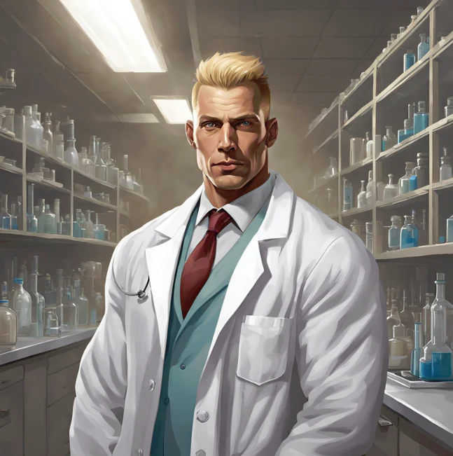 Hunky blond pharmacist in a store-room